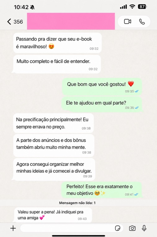 Mensagem de uma aluna sobre o ebook
