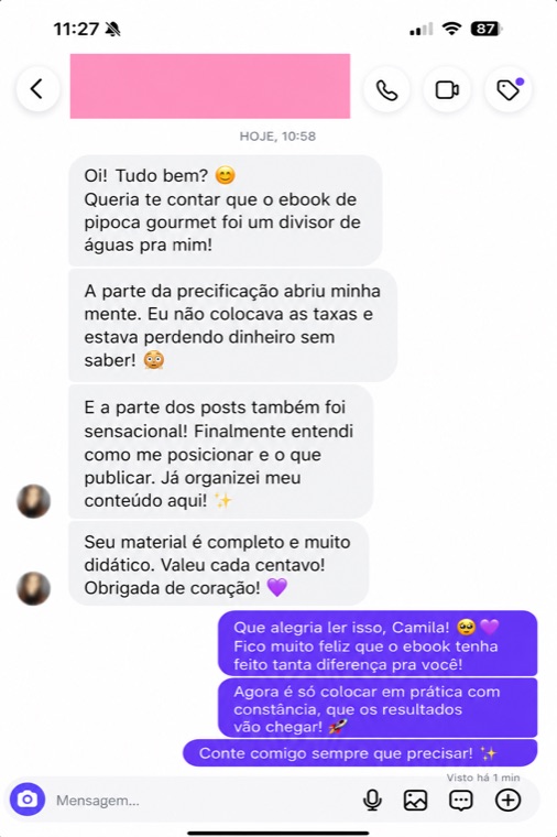 Mensagem de uma aluna sobre o ebook