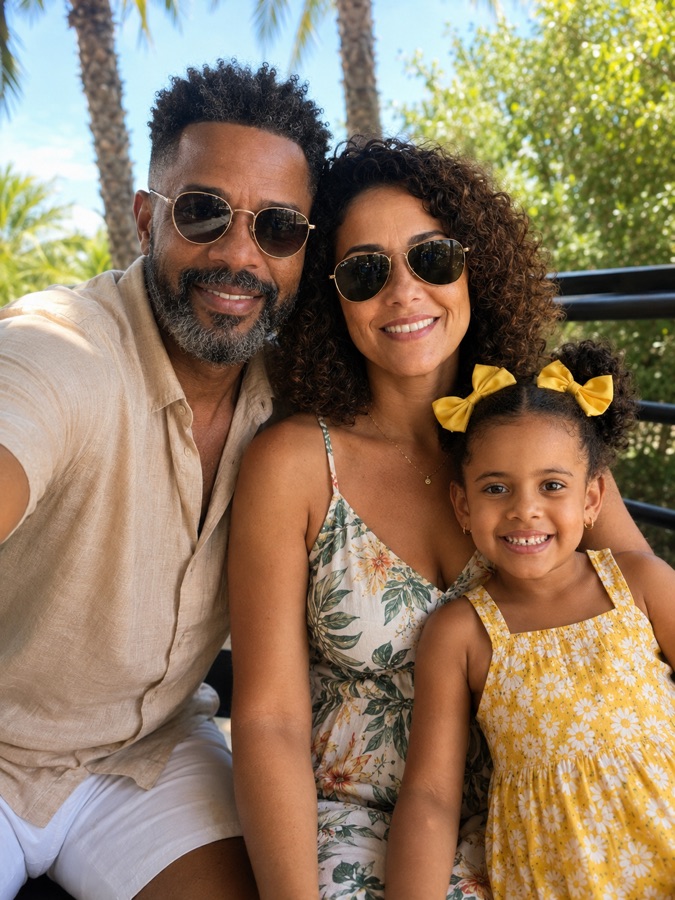 Lucileni com o marido e a filha em um dia de sol