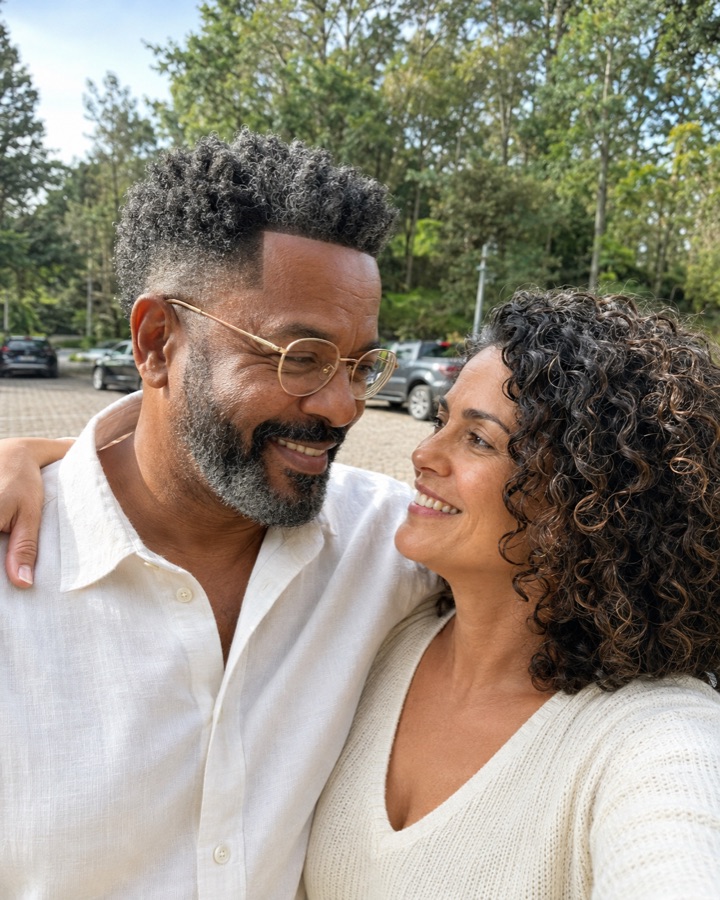 Lucileni e o marido se olhando e sorrindo