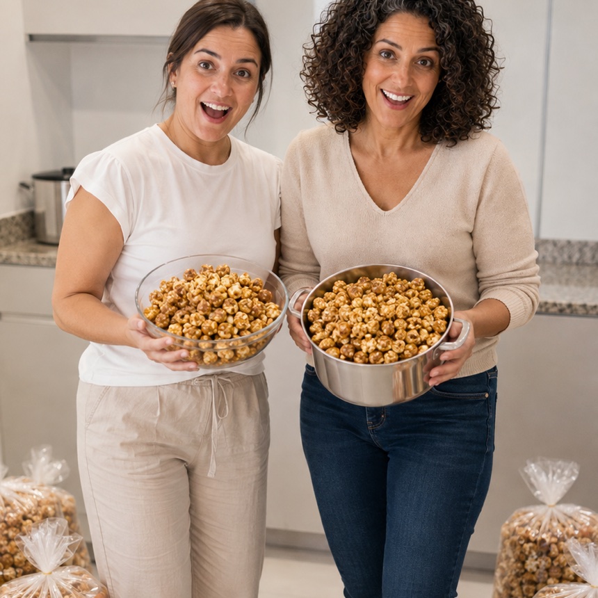 Lucileni Miranda e uma funcionária preparando o estoque de pipoca gourmet
